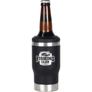 A drink bottle with a black insulated exterior, stainless steel base, and a logo on the front, designed for beverages.