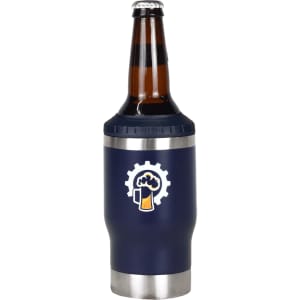 A drink bottle in navy blue with a stainless steel bottom, designed to hold a beer bottle, featuring a logo.