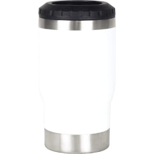 A drink bottle featuring a white body and a black lid, made from stainless steel. It has a logo visible on the surface.
