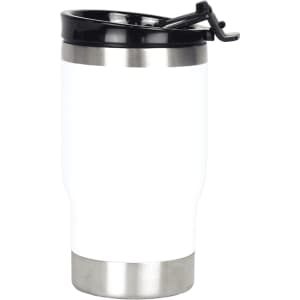 A drink bottle in white and stainless steel, featuring a black lid with a spout and a logo.
