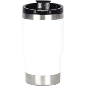 A drink bottle featuring a stainless steel base and a white body with a black lid. It includes a logo.