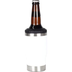 A drink bottle with a white exterior and stainless steel bottom, designed to hold a beverage. It features a logo.