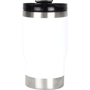 A drink bottle in white and stainless steel, featuring a black lid and a smooth design. It has a logo visible on the side.