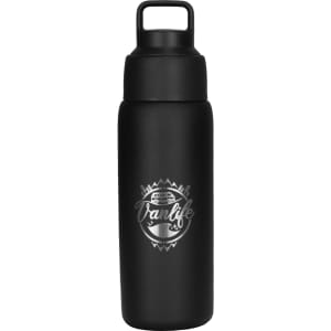 A drink bottle in matte black with a logo, featuring a screw-top lid and a sleek design.