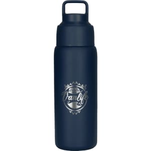A drink bottle in dark blue featuring a logo and a matte finish, designed for keeping drinks hot or cold.