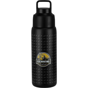 A drink bottle featuring a textured black design and a prominent logo, with a sturdy lid and handle.