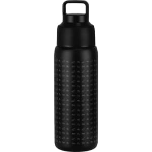 A drink bottle in black with a textured surface, featuring a handle and a logo. Holds 750ml of liquid.
