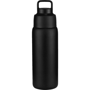 A drink bottle in matte black, featuring a handle and a sleek, modern design. It includes a logo.