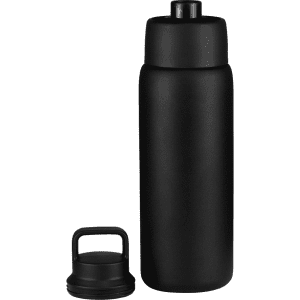 A drink bottle in matte black, featuring a screw-on lid and a handle. Includes a separate lid.