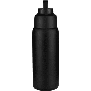 A drink bottle in matte black, featuring a lid and a logo on the body. Suitable for keeping beverages hot or cold.