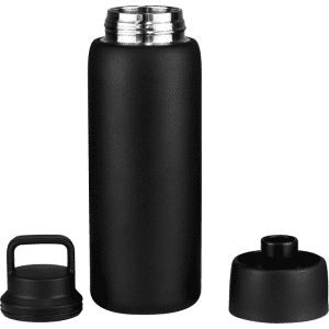 A drink bottle in matte black, featuring a stainless steel interior and two interchangeable caps. It includes a logo.
