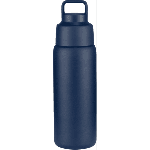 A drink bottle in navy blue, featuring a handle and a sleek, reusable design, with a logo on the surface.