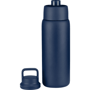 A drink bottle in navy blue with a matching screw-on lid, featuring a logo on the side.