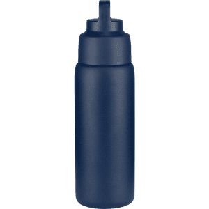 A drink bottle in navy blue, featuring a sleek design and a flip-top lid. Includes a logo on the side.