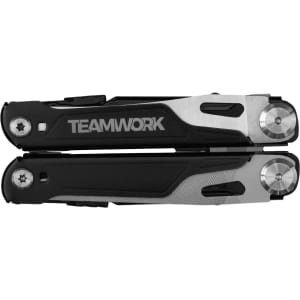 A black and silver multi-tool with a logo, featuring various tools in a compact design.