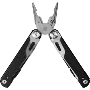 A multi-tool with black and silver accents featuring pliers, various tools, and a logo.