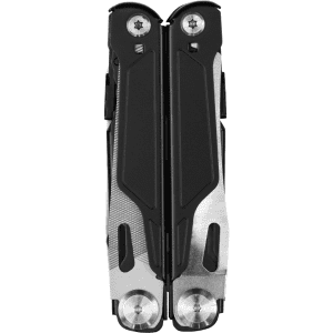 A multi-tool with a black and silver design, featuring various tools in a compact, foldable form. It has a logo.