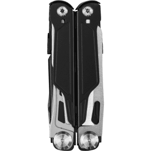 A multi-tool featuring a stainless steel body with black accents, showcasing its compact and streamlined design.