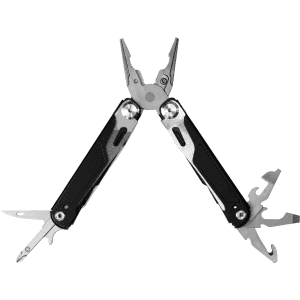 A black and silver multi-tool with pliers, blades, and various attachments, featuring a logo.