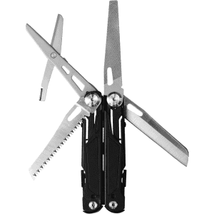 A multi-tool featuring silver stainless steel blades and black handles, designed for versatility and convenience.