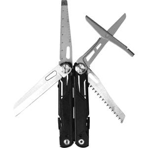 A black multi-tool featuring multiple blades, a ruler, and a saw, with a logo on the handle.