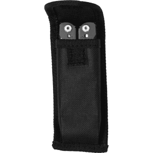 A black fabric pouch containing a multi-tool with visible stainless steel components. It features a logo on the pouch.