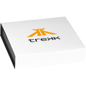 A white box with an orange logo, designed for the Trekk Survival Multi-Tool, featuring a sleek, minimalist look.