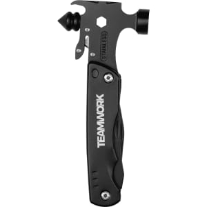 A black multi-tool featuring a hammer, various tools, and a hexagon socket, with a logo present.