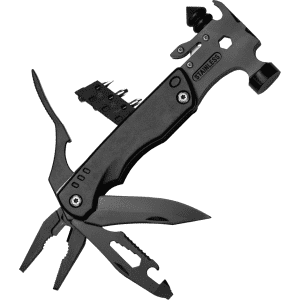 A black multi-tool featuring pliers, a hammer, and various additional tools, designed for versatility and durability.