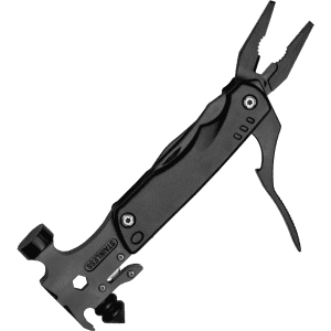 A black multi-tool with pliers and various functions, featuring a sleek design and a branding logo.