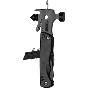 A stainless steel multi-tool and survival hammer with a black ergonomic handle and multiple attachments.