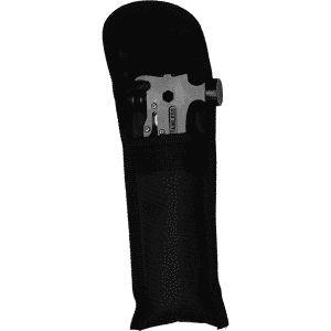 A black multi-tool with a hammer in a black pouch. The pouch has a simple design and secures with a flap.