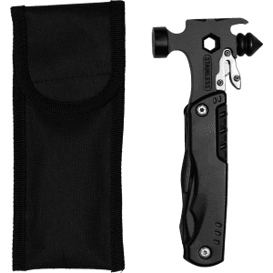 A black multi-tool and survival hammer with a sheath, featuring various tools and a logo.