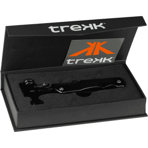 A black multi-tool with various functions, displayed in a sleek black box featuring a logo.
