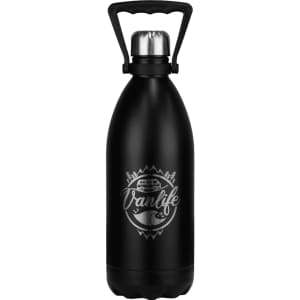 A drink bottle made of stainless steel in matte black, featuring a handle and a logo design.