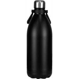 A drink bottle in matte black, featuring a stainless steel cap and a branding logo on the front.