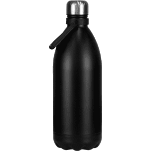 A drink bottle in matte black stainless steel with a silver lid and a small handle. It features a logo on the side.