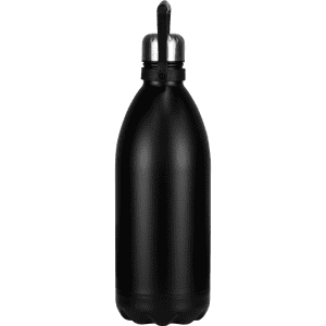 A drink bottle in matte black stainless steel with a silver top and a handle, featuring a logo.