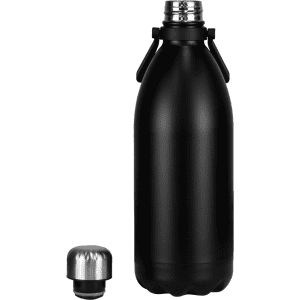 A drink bottle with a matte black finish, featuring a stainless steel cap and sturdy design.
