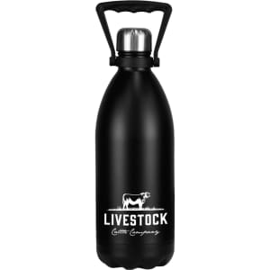 A drink bottle in matte black stainless steel with a silver insulated lid and a handle. Features a logo.