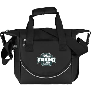A black cooler bag with handles and a shoulder strap, featuring a logo on the front.