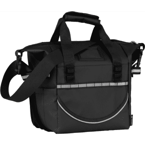 A black cooler bag with adjustable shoulder straps, featuring a front pocket and reflective stripes. Includes branding.