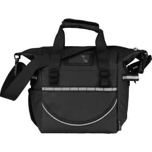 A black cooler bag with handles and a shoulder strap, featuring a front pocket and reflective detailing.