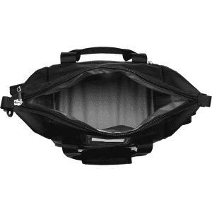 A black cooler bag with an open top, revealing a spacious grey interior. It features handles and zippers.