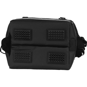 A cooler bag in black with textured panels and an adjustable strap, featuring a logo on the side.