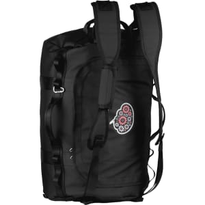 A black duffel bag with padded shoulder straps and a logo on the side. Features multiple carrying options.
