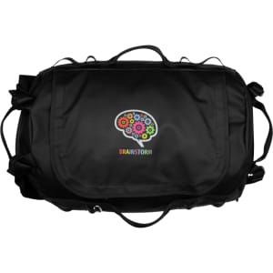 A black duffel bag with a colourful brain graphic and logo, featuring multiple handles and a zipper closure.