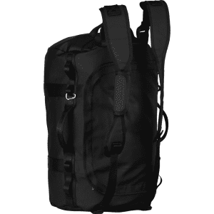A black duffel bag featuring adjustable shoulder straps and webbing for added support, with a logo on the side.