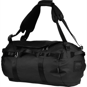 A black 45L duffel bag with adjustable straps and a branded logo, designed for rugged outdoor use.