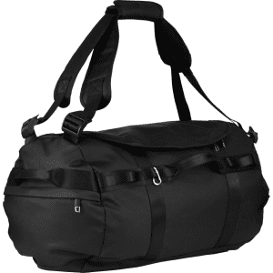 A black duffel bag with adjustable straps and a sleek design, featuring a logo on the side.